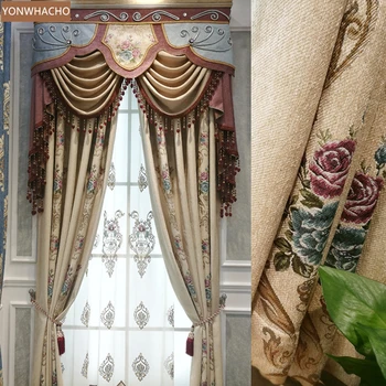 

Custom curtains European pastoral embossed jacquard chenille embroidery gauze cloth blackout curtain tulle valance drape B677