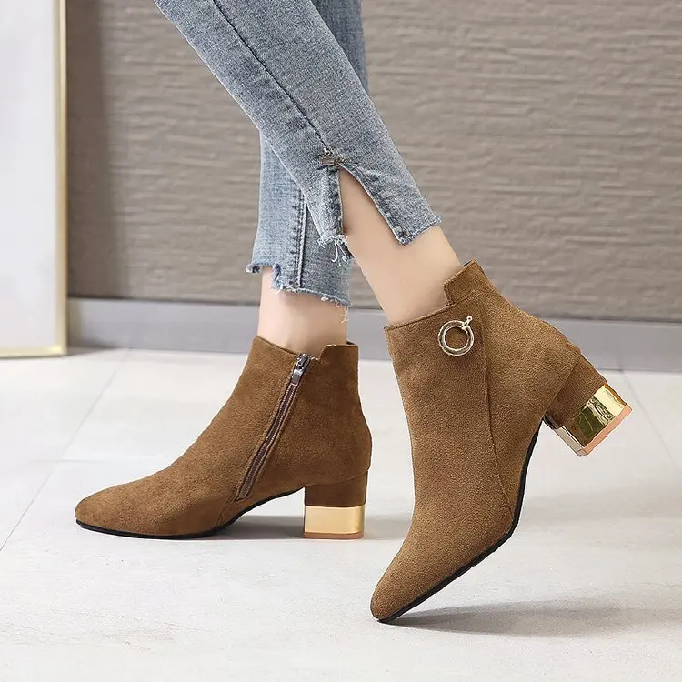 

2019 Autumn And Winter New Style Square Heel Martin Boots Women's Korean-style Pointed Short Boots Metal Buckle Large Size Women