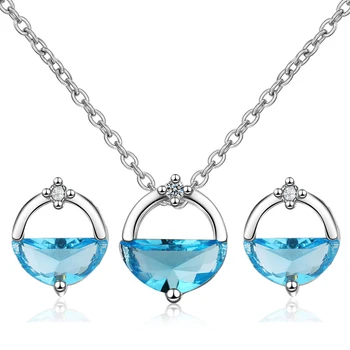 

Simple Blue Crystal Bridal Necklaces Earrings Set for Women Fashion 925 Sterling Silver Engagement Jewelry Sets