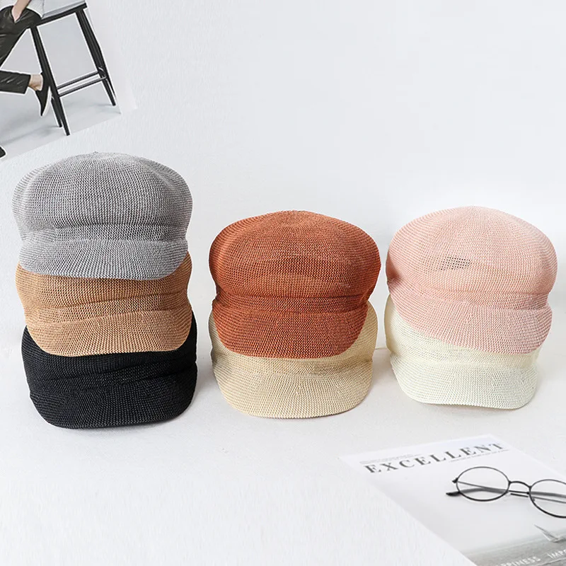 Summer Short Brim Newsboy Hats for Women Adjustable Breathable Straw Beret Lady Caps Vintage Artist Painter Hat Visor Beach