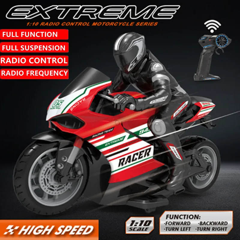 

1:10 Large Scale Remote Control Motorcycle 25KM/H Stunt Drift TPR Soft Rubber Anti-fall Wheel Powerful Motor Simulation RC Model