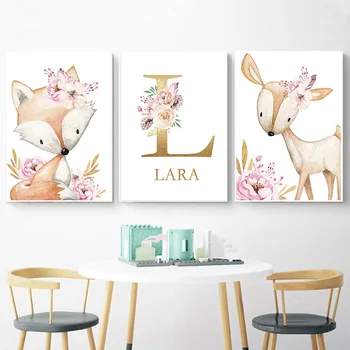 

Woodland Animal Print Nursery Canvas Painting Custom Name Wall Art Pink Flowers Poster Nordic Wall Pictures Baby Girl Room Decor