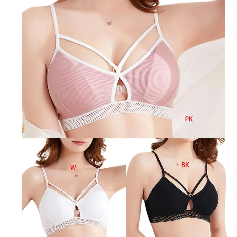 

Women Girls Ribbed Knit Bralette Criss Cross Strappy Beauty Back Underwear Hollow Lace Trim Seamless Sports Padded Wireless Bra
