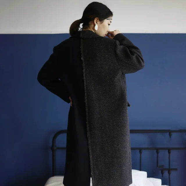 [EAM] Loose Fit Single Button Split Joint Big Size Woolen Coat Parkas New Long Sleeve Women Fashion Autumn Winter 1H165