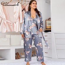 

INS Fashion Women Three-Piece Pajamas Camis Trousers Bathrobe Plus Size Nightwear Suit V-Neck Backless Crane Print Nightgown