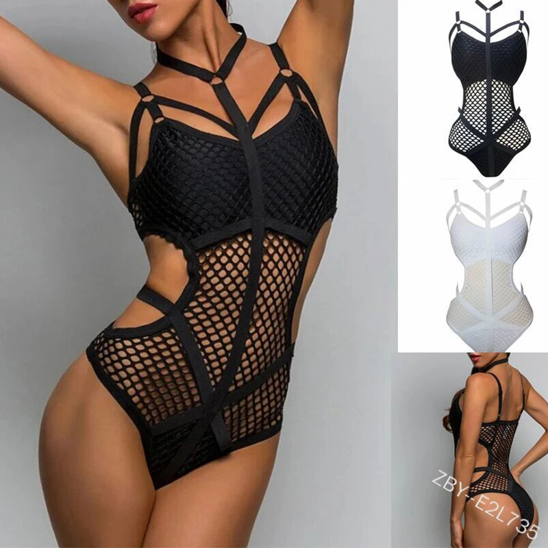 

sexy Sheer Knit Fish Net Mesh Bodysuit Women Sexy Goth Lingerie Overalls Hollow Out Sleeveless Body Black Lace Top
