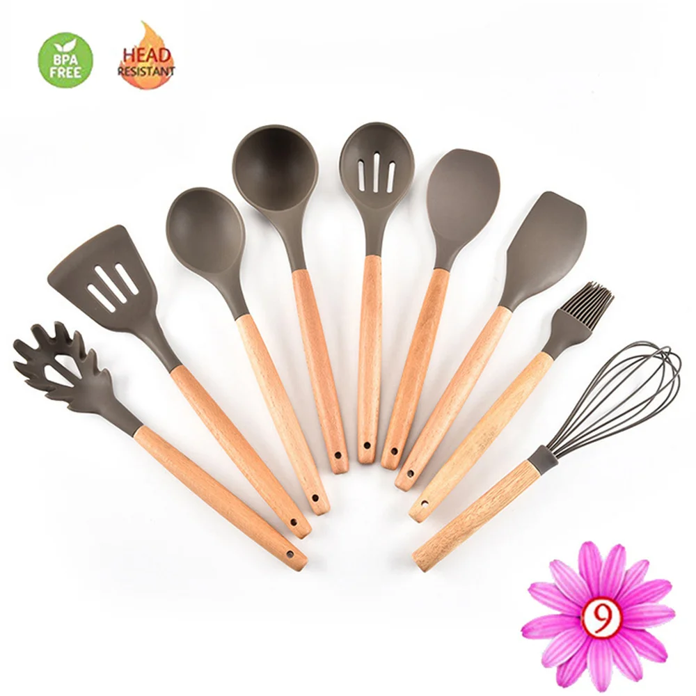 

9-PCS Silicone Cooking Tools Set Kitchen Utensils Non-stick Spatula Shovel Wooden Handle Kitchen Tools with Bamboo Storage Box