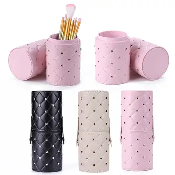 

Leather Rhombus Rivet Makeup Storage Holder Cup w/Buckle for Makeup Brush