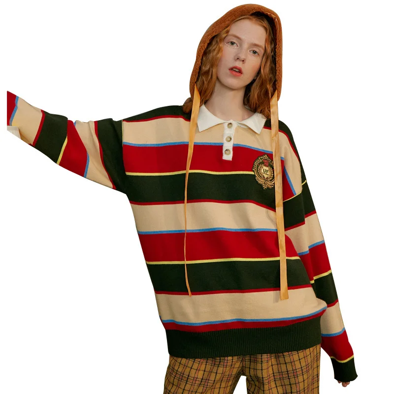 Unifree, осень и зима, повседневный Свободный Полосатый пуловер с отворотами, комбинированный цвет, длинный рукав, простой свитер U194K345RR