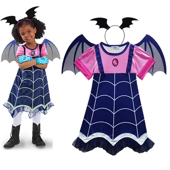 

Cartoon Anime Vampirina Cosplay Costume Girls Vampire Dress Headband Set Halloween Kids Girls Short Sleeve Skirt