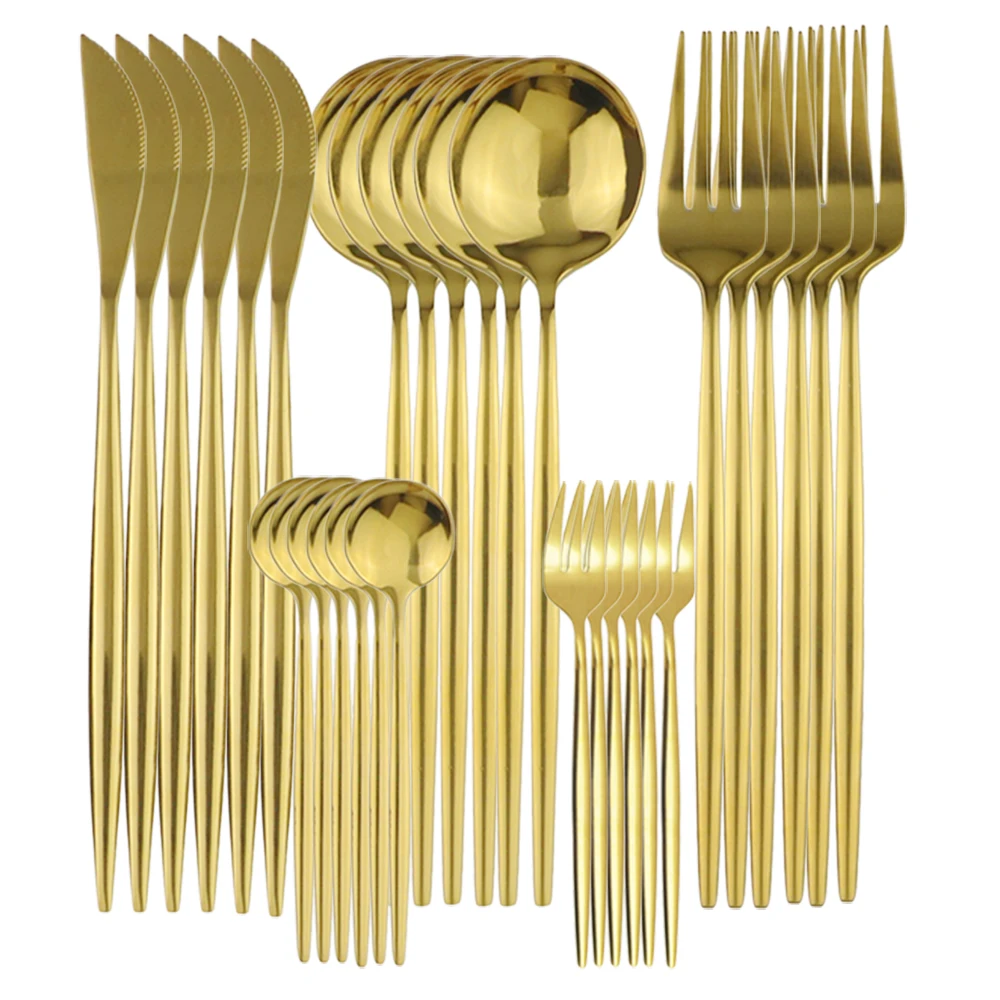 30Pcs Gold Cutlery Set Stainless Steel Dinnerware Kitchen Black Tableware Fruit Cake Fork Flatware Silverware Table | Дом и сад