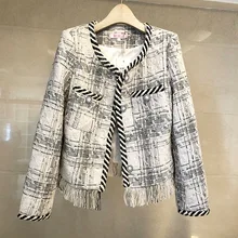 Европейская и американская женская одежда осень Новое однобортное твидовое пальто с кисточками и длинными рукавами