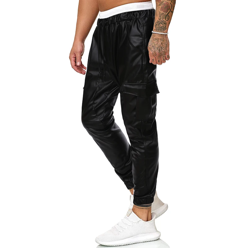 Модные эластичные мужские брюки карго из искусственной кожи; брюки с несколькими карманами; кожаные спортивные брюки для бега; уличная одежда; Pantalones Hombre XXL