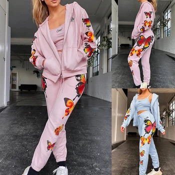 

2 Pcs Womens Butterfly Patterns Outfit Spaghetti Strap Low-Cut Tank Top Zipper Hoodie Tie-Waist Pants with Suits for Ladies