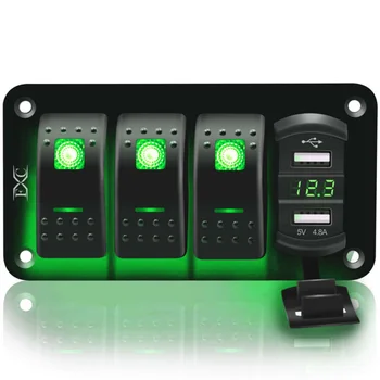 

4 Gang Toggle Night Glow Rocker Switch Panel USB Car Boat Marine RV Truck Green LED 12V-24V With Screws Label Sticker