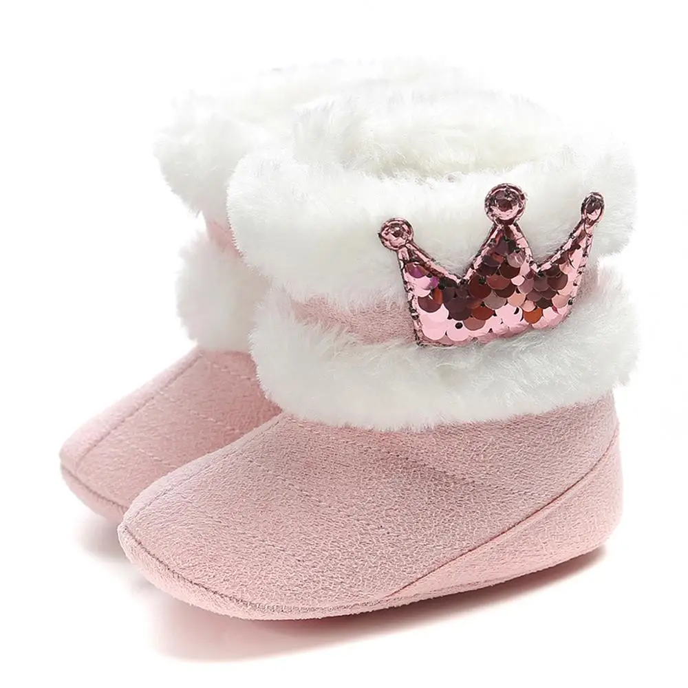 Модная одежда для новорожденного ребенка сапоги для маленьких девочек для детской кроватки обувь Корона ходунков, зимняя теплая детская обувь для принцесс - Цвет: Pink