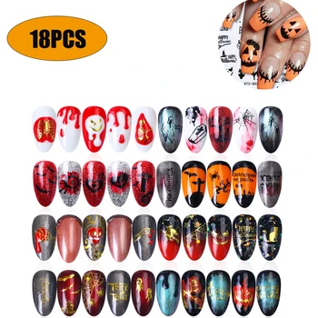 

18PCS Halloween Nail Stickers Nail Art Decals Spider Ghost Pumpkin Spooky Nail Decals Nail Art Decor