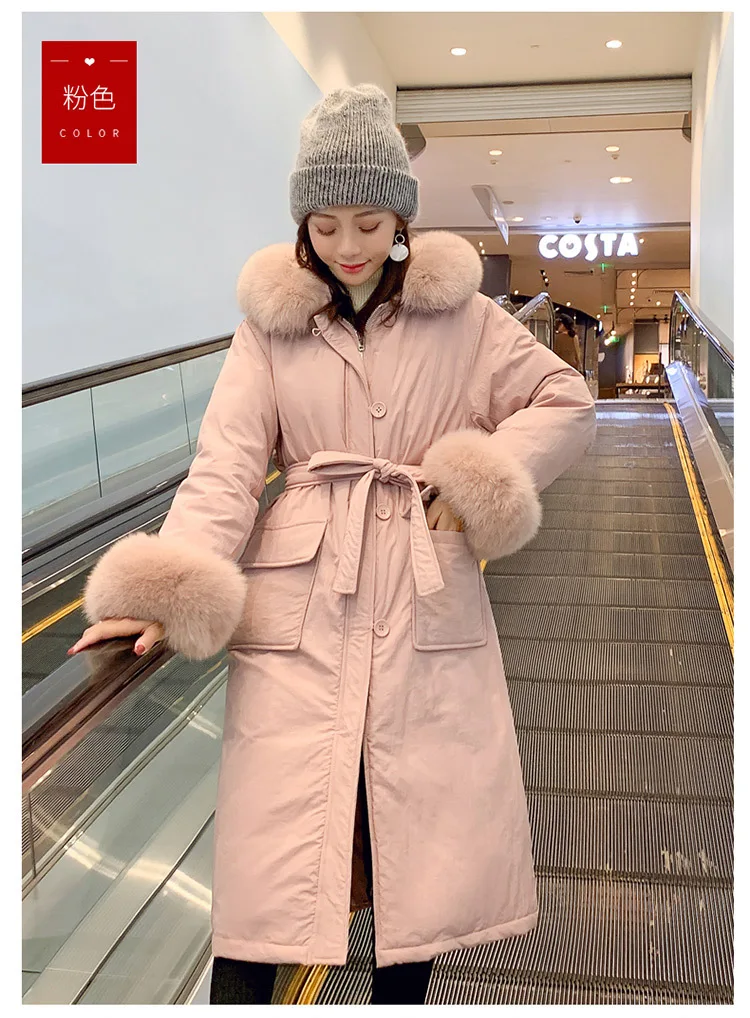 Южная Корея Dongdaemun пуховик женский средней длины выше колена манжеты Лисий мех Талия обнимает большой меховой воротник толстое пальто с открытыми плечами S