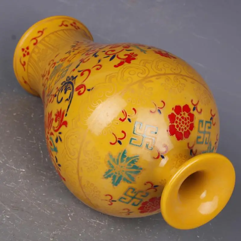 Qing Dynasty Yongzheng yellow enamel pattern meiping vase antique porcelain home living room Chinese style ornaments antique