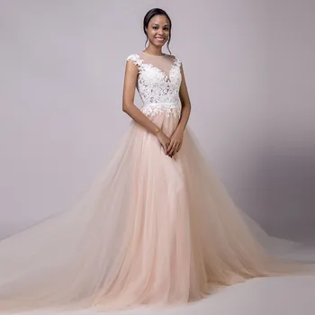 

Jewel Neck Tulle Skirt With Lace Appliques Wedding Dresses See Through Back Cap Shoulder Bridal Gowns Formal Soft Robe De Mariee