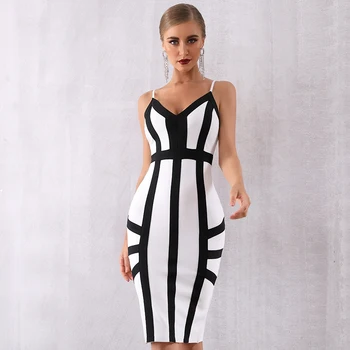 

2019 Dress Sexy Striped Backless Spaghetti Strap Women V Neck Sleeveless Bandage Night Club Body con Party Dresses Wholesale