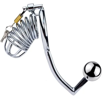 Metal Chastity Cage With Anal Plug Bdsm Anus Dick Stretcher Sex Toys For Men Masturbators Anti-Off Penis Rings Cock Erection 2