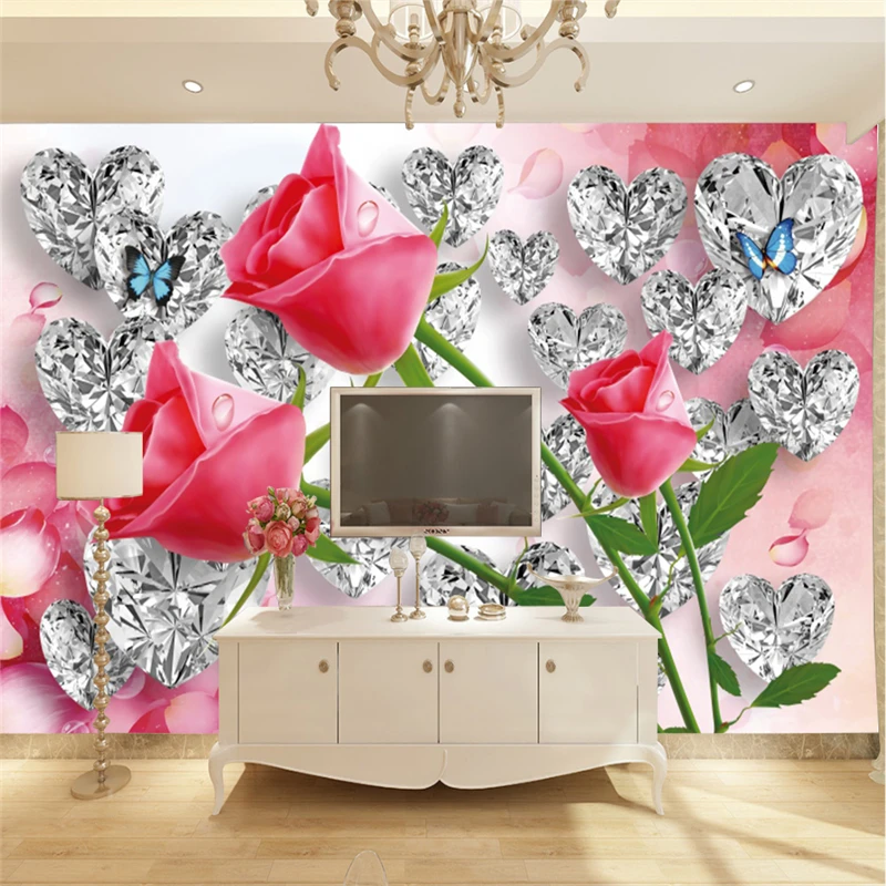 

beibehang custom Flowers mural wallpapers for living room landscape background photo wall paper Red rose diamond wall covering