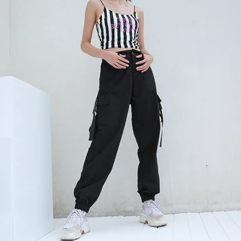 

Black High Waist Cargo Pants Women Pockets Patchwork Loose Streetwear Pencil Pants 2018 Fashion Hip Hop Women's Trousers