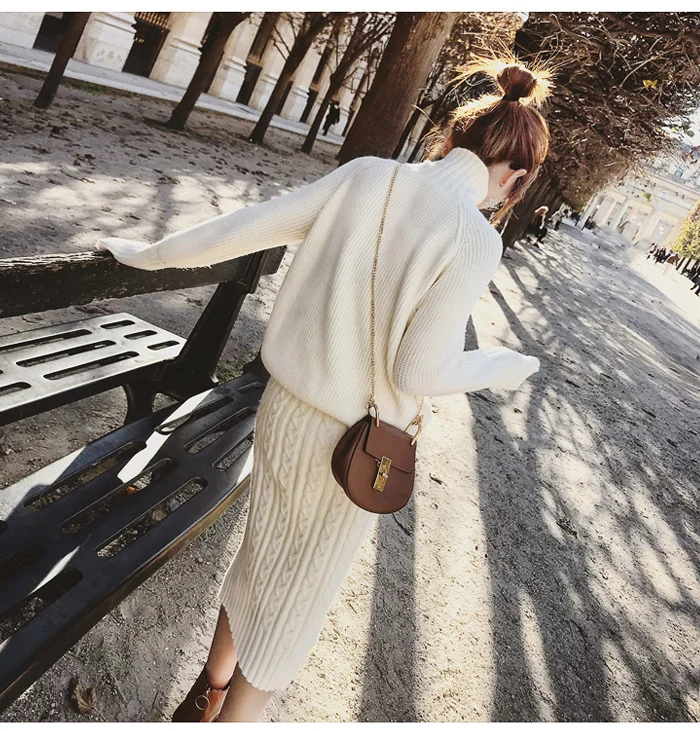 Twist Knitted 2 Piece Set Women Long Sleeve Turtleneck Pullover Sweater+ Split Pencil Skirt Set Lady Runway Knitting Skirt Suit