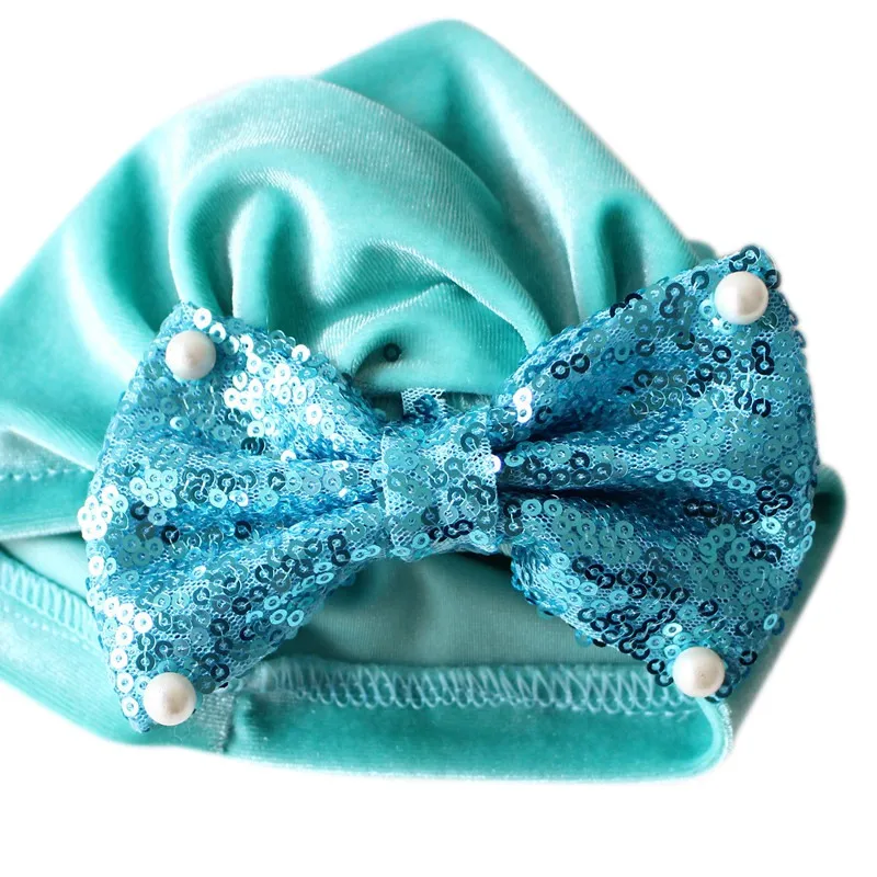 

Infant Fashion Headband Baby Girl Pearl Sequins Design Bowknot Elastic Hats Turban Cap Cute Soft Infant Hair Accessories