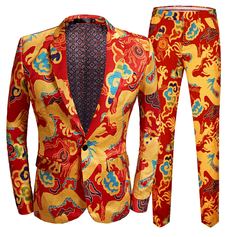 

New Chinese Style Red Dragon Print Suit Men Stage Singer Wear 2 Pieces Set Slim Fit Wedding Tuxedo Costume Ball party