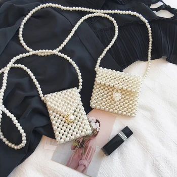 

Limit 100 Sell at a loss Women's Handmade Woven Pearl Bag White Women Beaded Lipstick Pocket Bag INS Hot