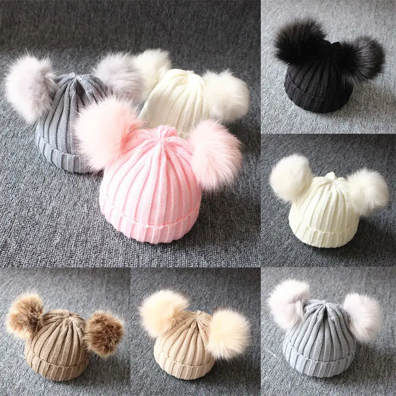 

1-3 Years Winter Newborn Wool Knitted Hat Children Infant Baby Caps Kids Beanie with Two Double Pom Pom Beanie for Boys Girl