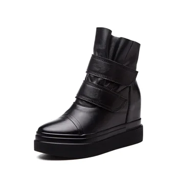 

Fashion Genuine Leather Platform Increased Women's Booties New Round Head Comfortable Black Leather Boots Casual Martin Boots