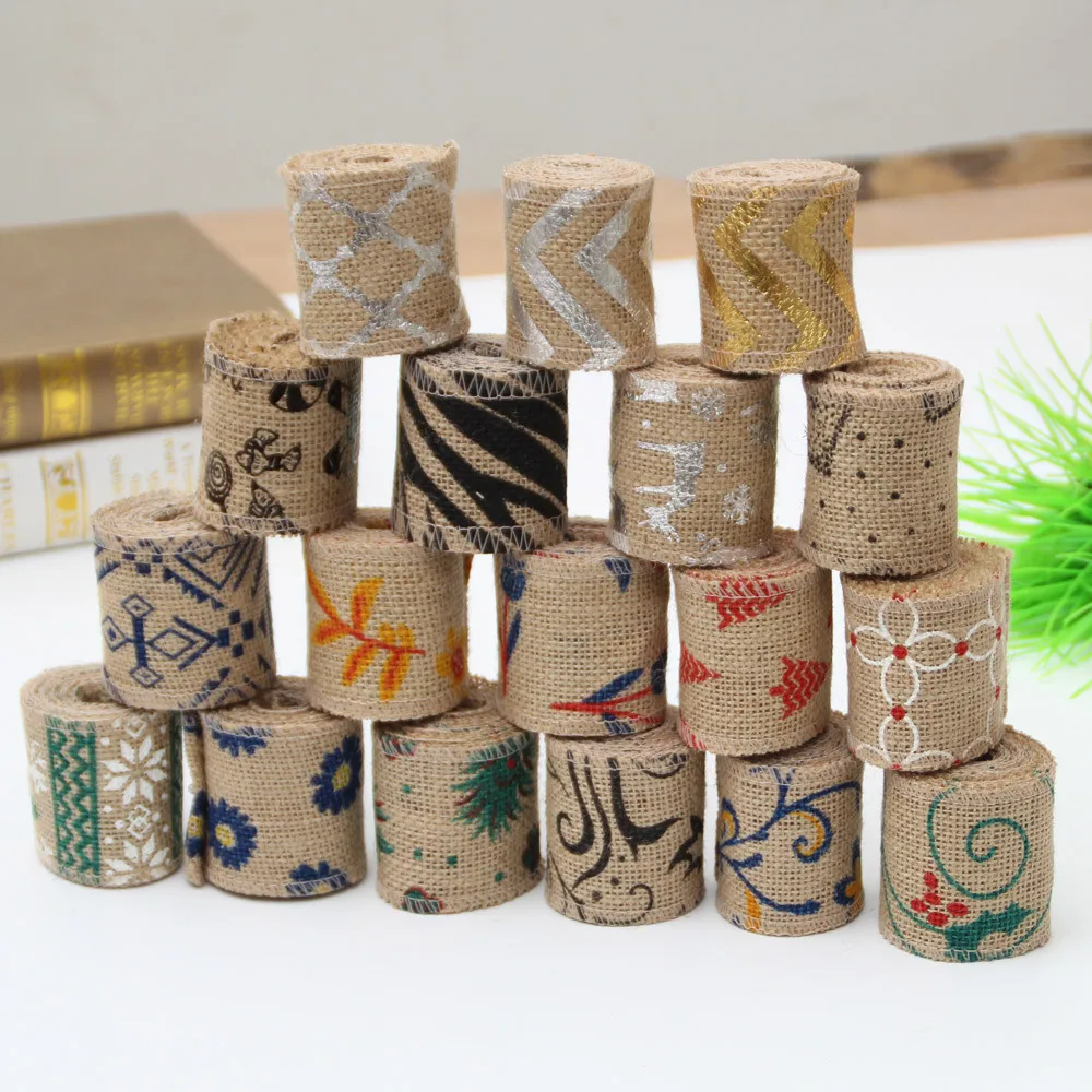 2M/lot 6CM Natural Jute Burlap Printed Ribbon Linen Roll Sewing Fabric for DIY Clothing Hat Bag Home Decor Christmas Wedding Par