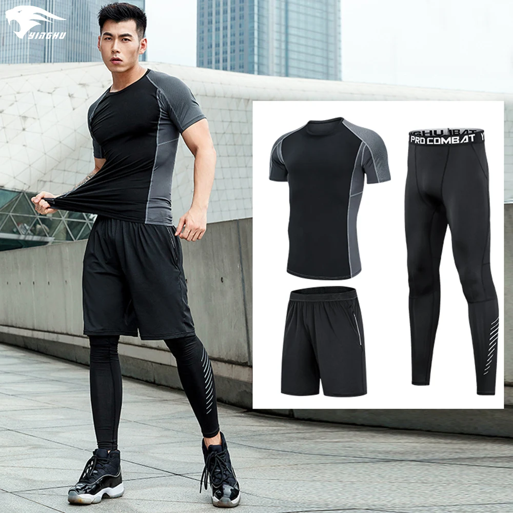 

YINGHU 3 Pcs/ Set Men's Sports Suit Running Set Jogging Basketball Sports Underwear Gym Tights Running Tracksuit Workout Clothes