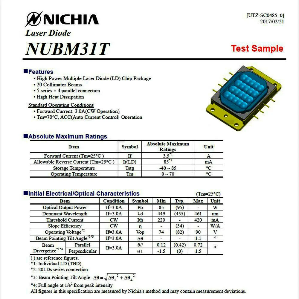 Folleto Motivación micrófono NICHIA NUBM31 / NUBM31T 85 watt laser module (laser diode array)  EnduranceLasers