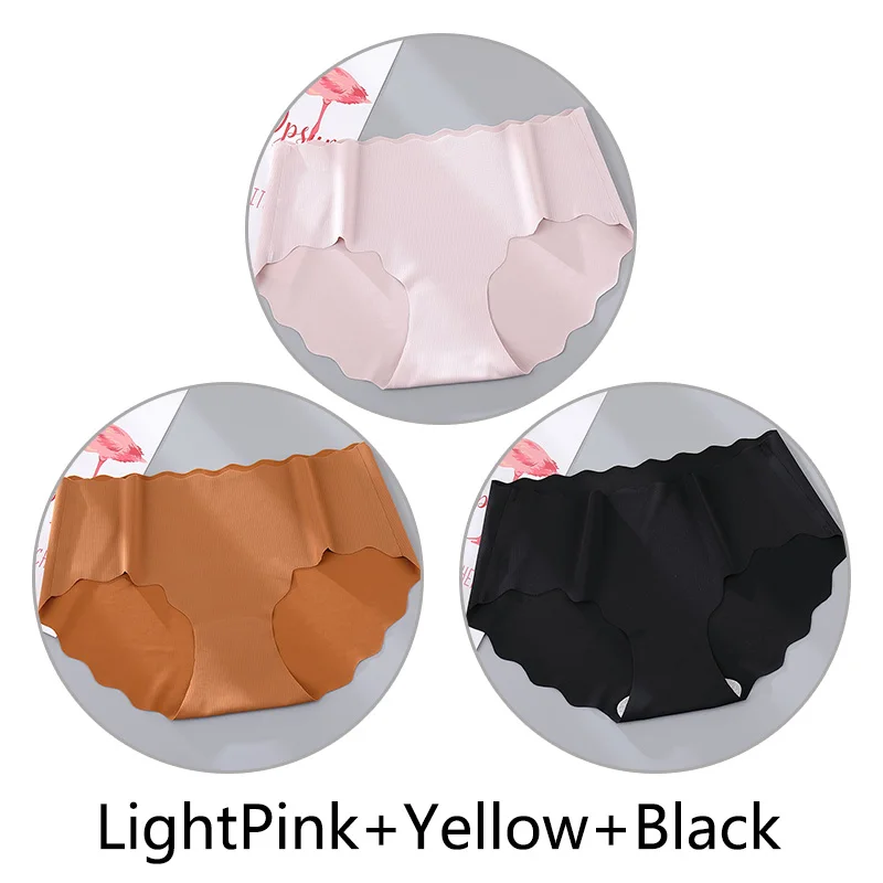 L-Pink Yellow Black 3Pcs Sexy Ruffles Panties Women Soft Seamless Briefs Ice Silk Breathable Underwear Ultra Thin Intimates Lingerie Solid M-XL New - Цвет: L-Pink Yellow Black