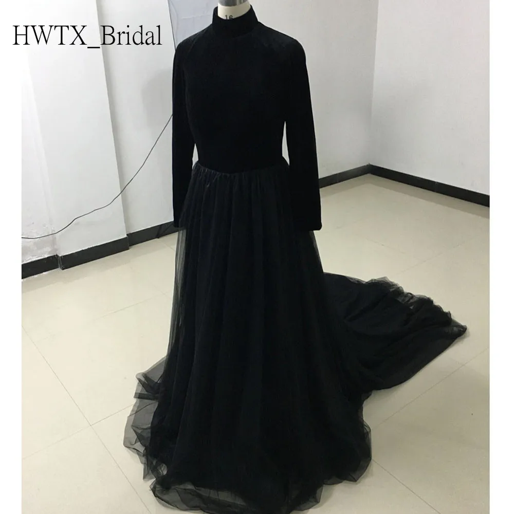 

2020 Cheap In Stock Evening Dress Long Sleeves High Neck Black Velvet Tulle A-line Long Muslim Arabic Dubai Formal Evening Gowns