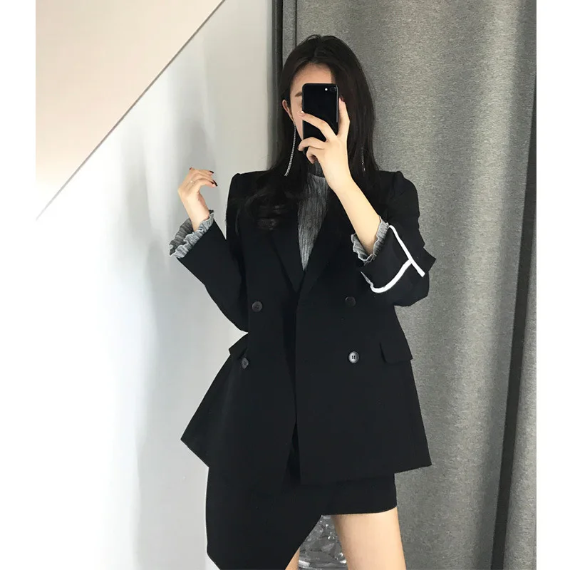 

Small Black Suit Jacket Women 2019 Autumn New Long Sleeve Loose Casual Double-breasted Suit Notched Women Jackets and Coats