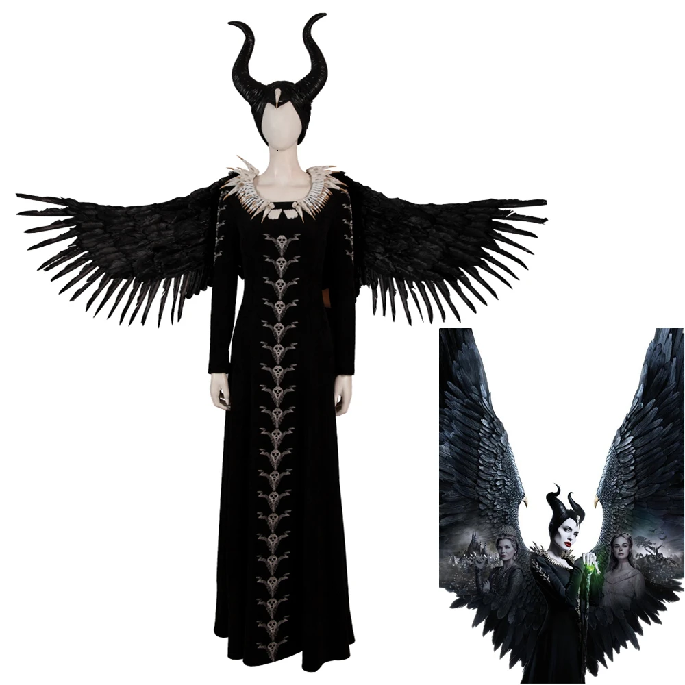 Maleficent Mistress of Evil; карнавальный костюм; наряд на Хэллоуин; рога; необычный череп; Анжелина Джоли; черное платье на заказ
