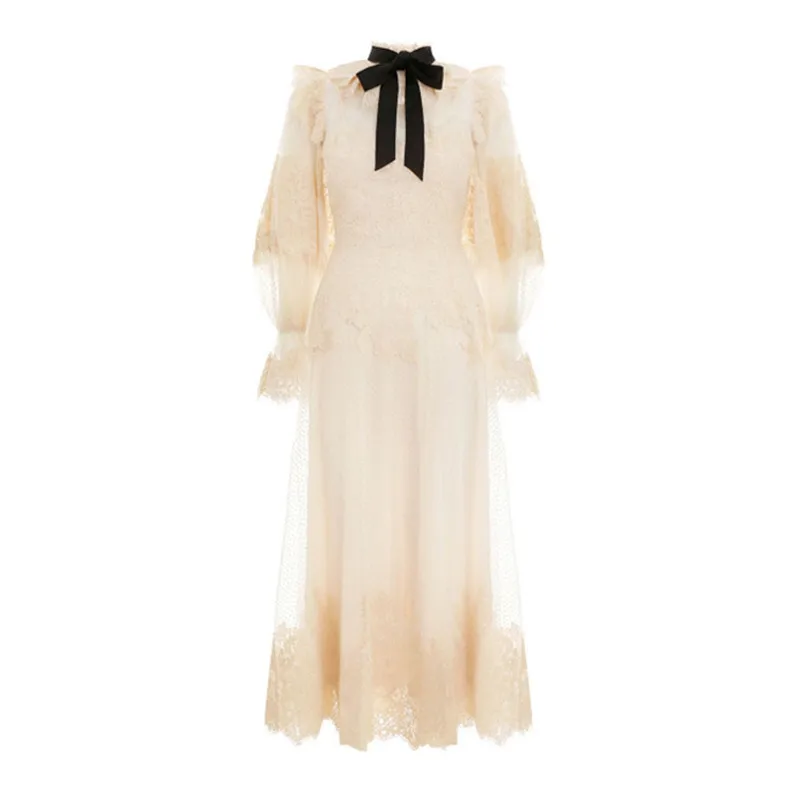 Нарядные элегантные платья с бантом с длинными рукавами, с манжетами и перспектива женское платье взлетно-посадочной полосы дизайнер высокое качество белый/черное кружевное платье миди платье Vestido - Цвет: Белый