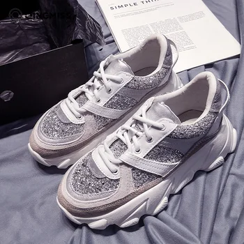 

Blingbling Sequins Decor Cross Straps Round Toe Scrub Patchwork Students Thick Bottom Straps Casual Sports Shoes Wedges Shoes