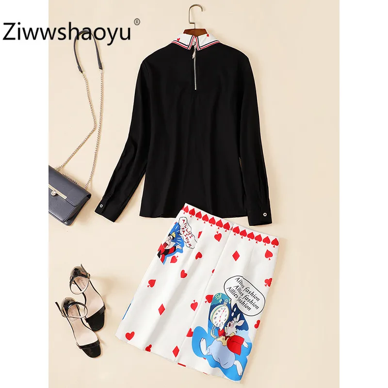 Ziwwshaoyu/Модная брендовая Осенняя Женская юбка костюм черная блузка с длинными рукавами+ юбка с принтом в виде игральных карт Новинка года