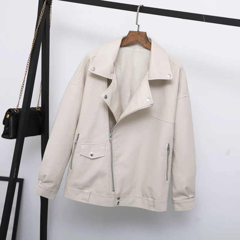 FTLZZ New Spring Faux Leather Pu Jacket Women Loose BF Coat Female Turndown Collar Moto Biker Rivet Zipper Vintage Street Jacket