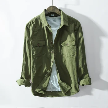 

2019 New Arrival Spring And Autumn Mens Fashion Green Khaki Color Long Sleeve Cotton Shirt Male Casual Vintage Shirt Clothes