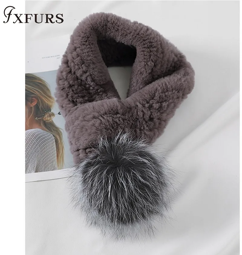 FXFURS/ женский вязаный шарф из кроличьего меха с меховыми помпонами из лисьего меха, Зимние новые теплые меховые обертывания для девочек, шейный платок в Корейском стиле