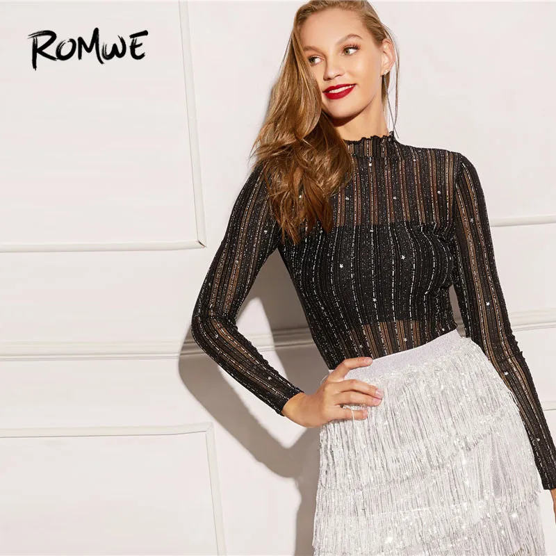 

ROMWE Silver Thred Detail Sheer Star Mesh Top Without Bra Spring Slim Fit Long Sleeve Sexy Tops Women Stand Collar Black Shirt