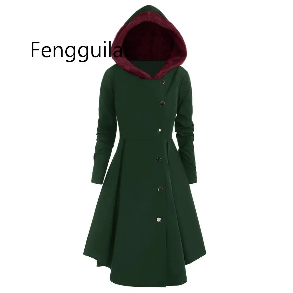 XL~ 4XL женское ассиметричное флисовое однобортное длинное пальто с капюшоном и пуговицами в готическом стиле, Женское пальто, черный Тренч
