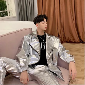 

2019 Autumn And Winter New Diagonal Zipper Simple Wild Leather Fashion Casual Solid Color Coat Jacket Silver / Gold M-3XL